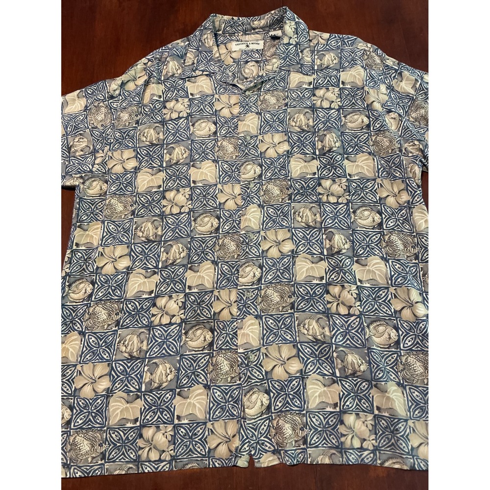 Preswick & Moore Island Collection Mens Large Blue Rayon Fish Floral Camp Shirt